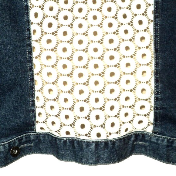 Two by Vince Camuto Denim Vest Size S with Back White Lace Insert Distressed - Picture 6 of 7